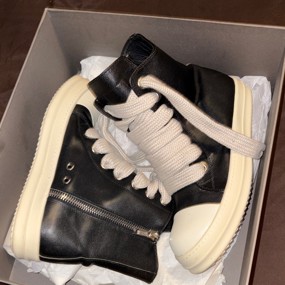 Rick Owens Black and Cream High-Top Sneakers